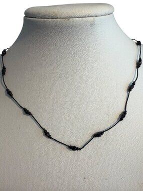 Vintage Black Glass Bead Choker Collar Necklace Cord Screw Barrel 15" Estate